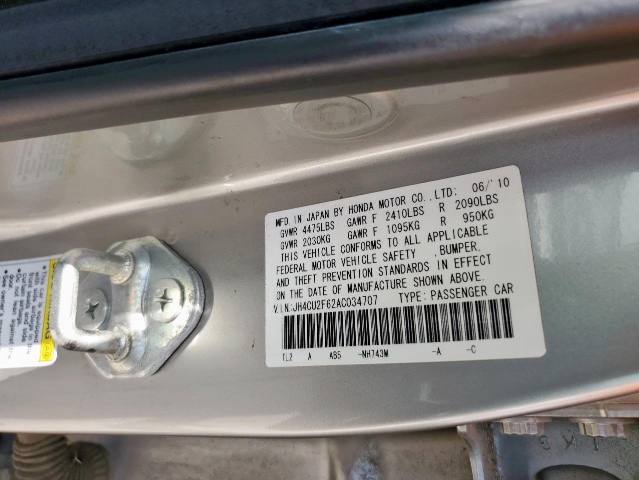 2010 Acura Tsx VIN: JH4CU2F62AC034707 Lot: 62252375