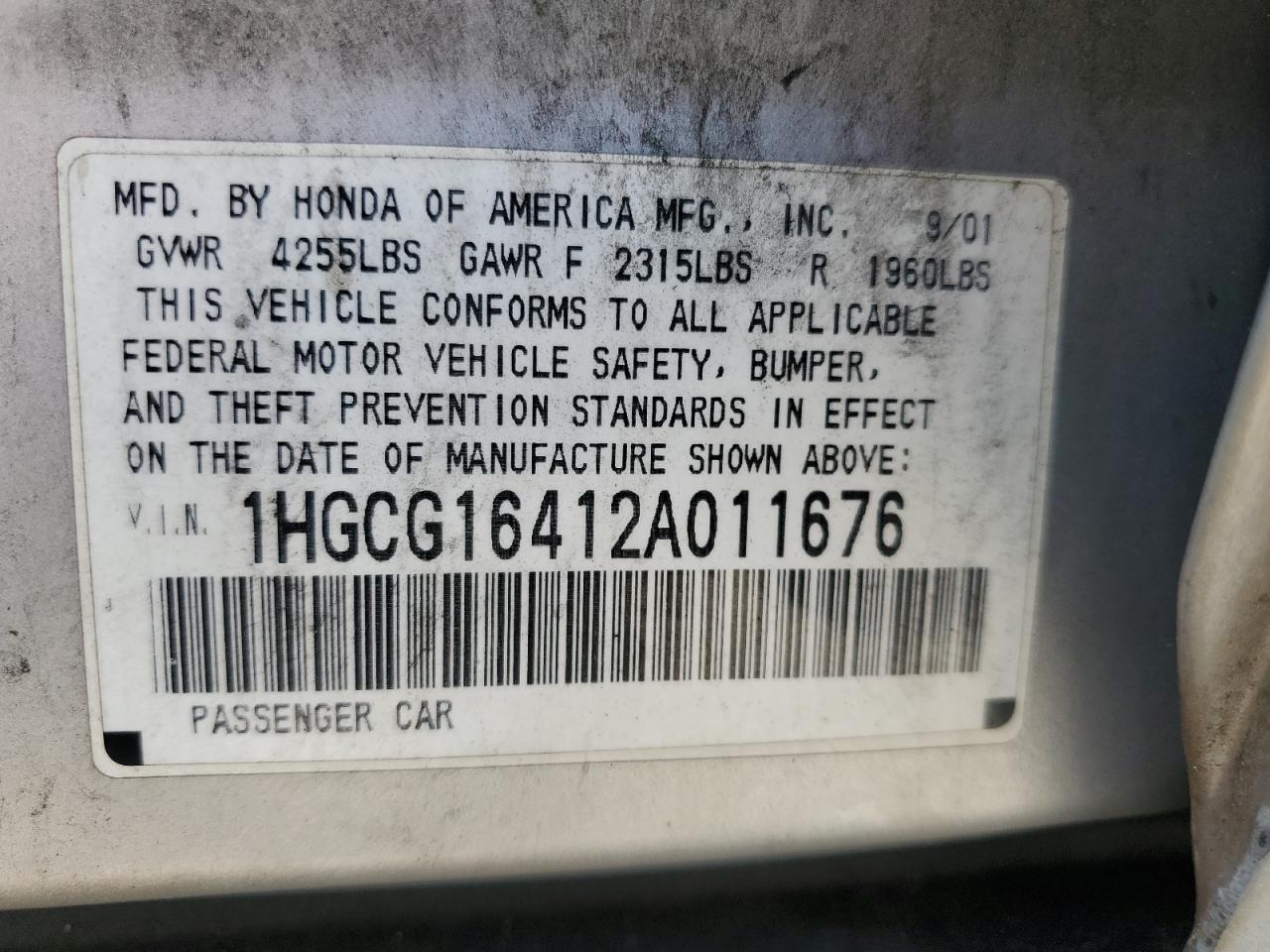 2002 Honda Accord Lx VIN: 1HGCG16412A011676 Lot: 62489285