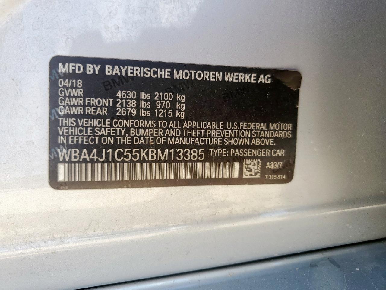 2019 BMW 430I Gran Coupe VIN: WBA4J1C55KBM13385 Lot: 61806525