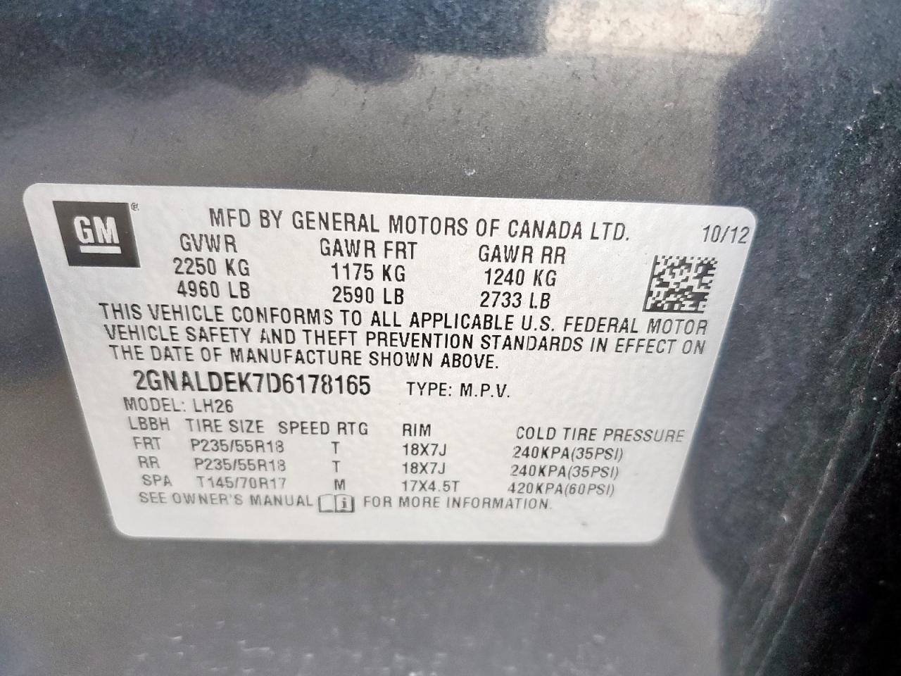 2013 Chevrolet Equinox Lt VIN: 2GNALDEK7D6178165 Lot: 60917795