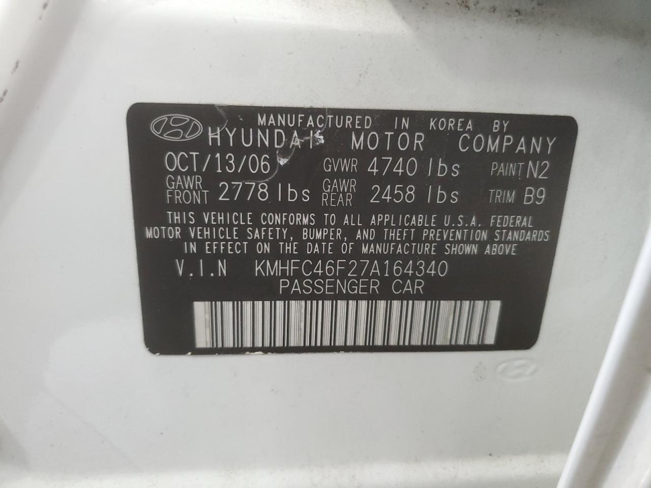 2007 Hyundai Azera Se VIN: KMHFC46F27A164340 Lot: 58013865