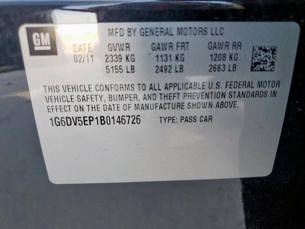 2011 Cadillac Cts-V VIN: 1G6DV5EP1B0146726 Lot: 63014615