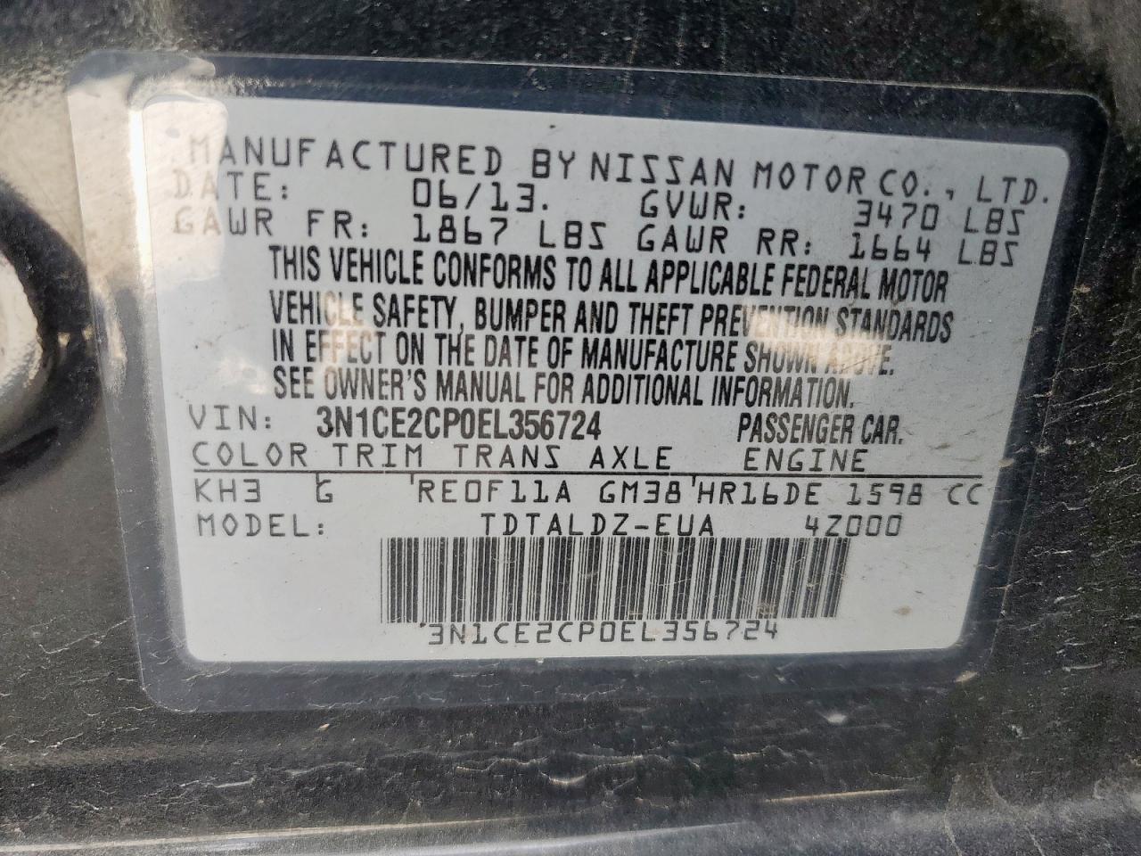 2014 Nissan Versa Note S VIN: 3N1CE2CP0EL356724 Lot: 63025495
