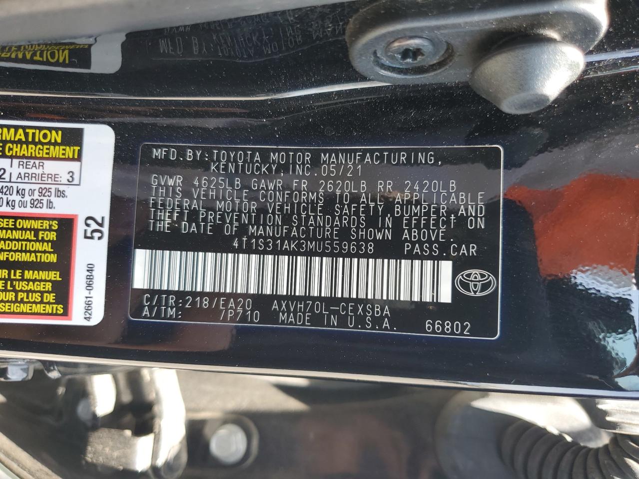2021 Toyota Camry Se VIN: 4T1S31AK3MU559638 Lot: 61501695