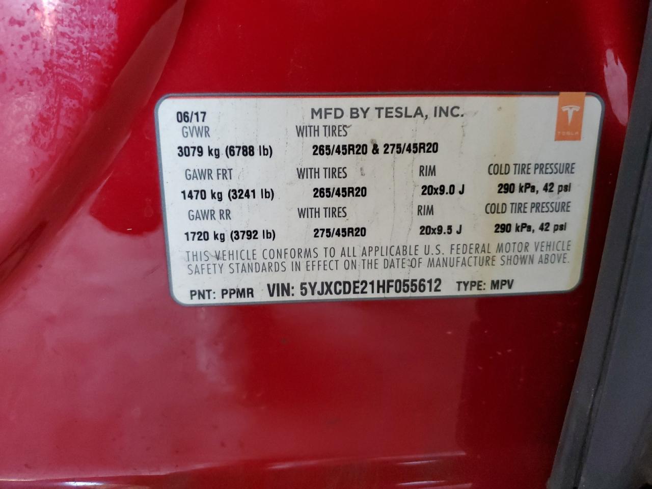 2017 Tesla Model X VIN: 5YJXCDE21HF055612 Lot: 60909825