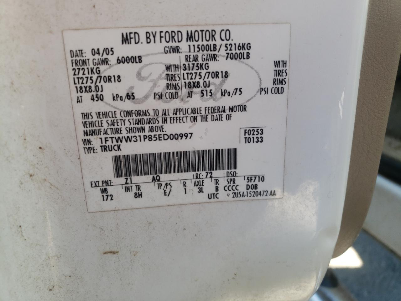 2005 Ford F350 Srw Super Duty VIN: 1FTWW31P85ED00997 Lot: 62698645
