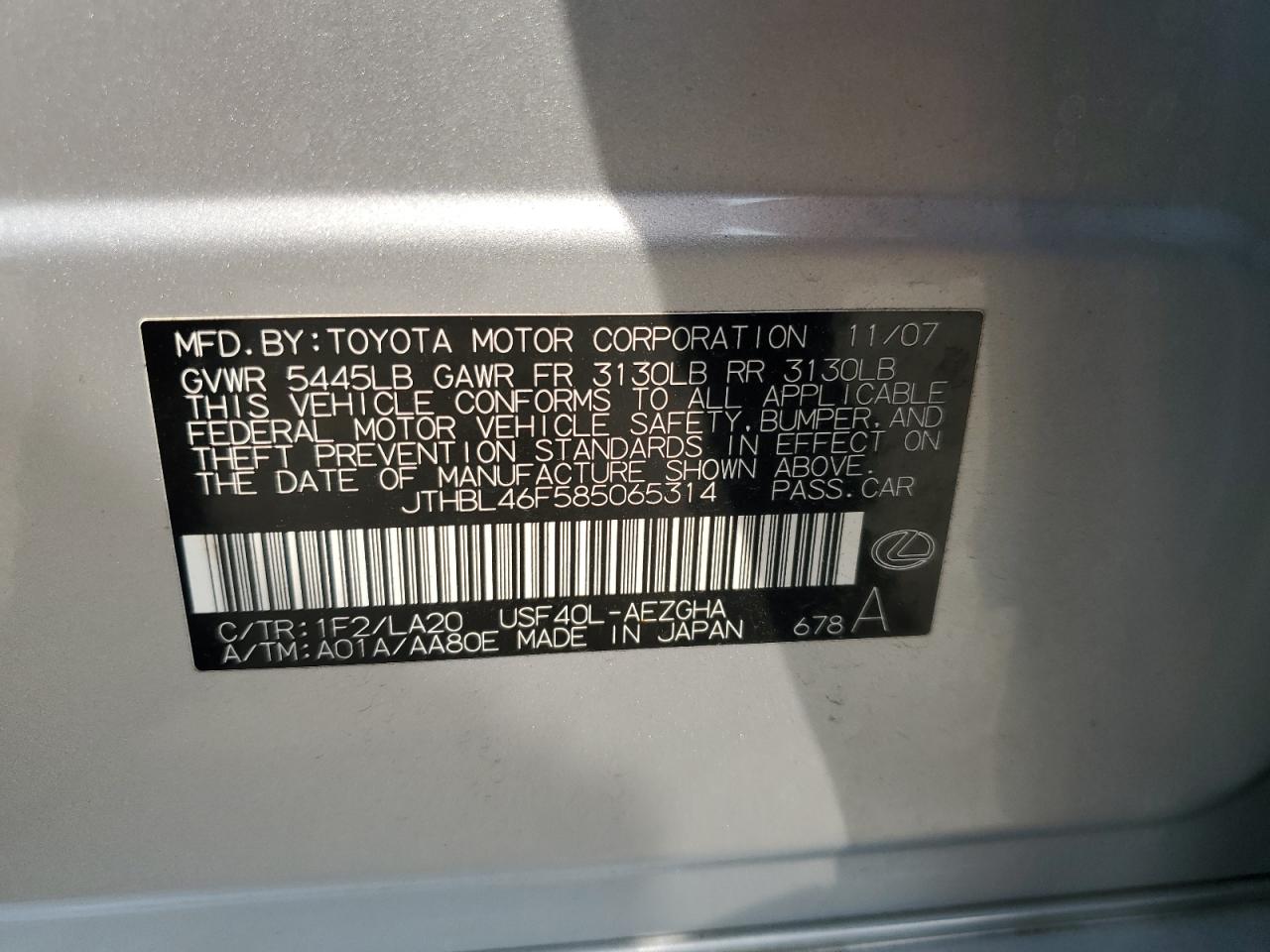 2008 Lexus Ls 460 VIN: JTHBL46F585065314 Lot: 59865245
