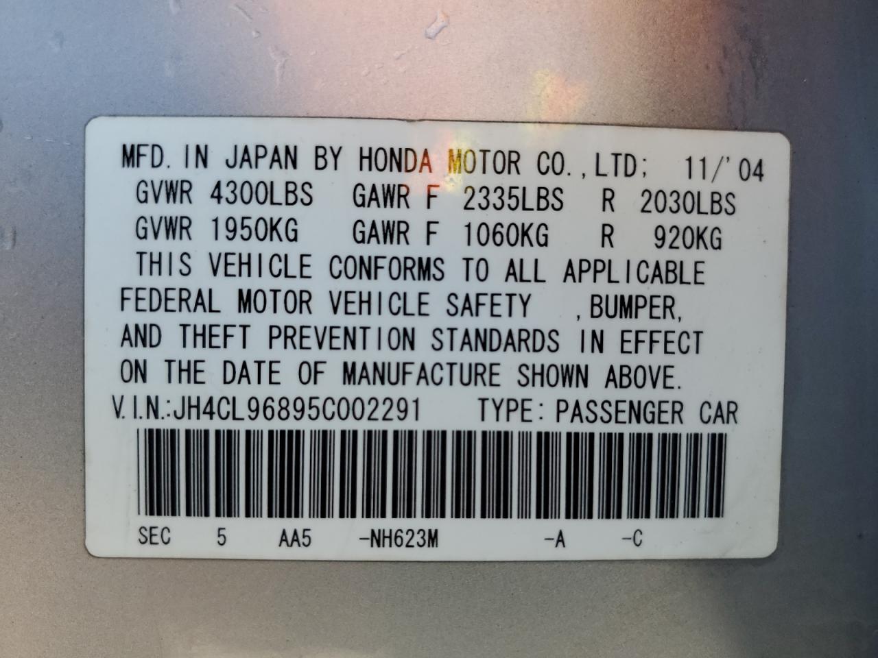 2005 Acura Tsx VIN: JH4CL96895C002291 Lot: 61676545