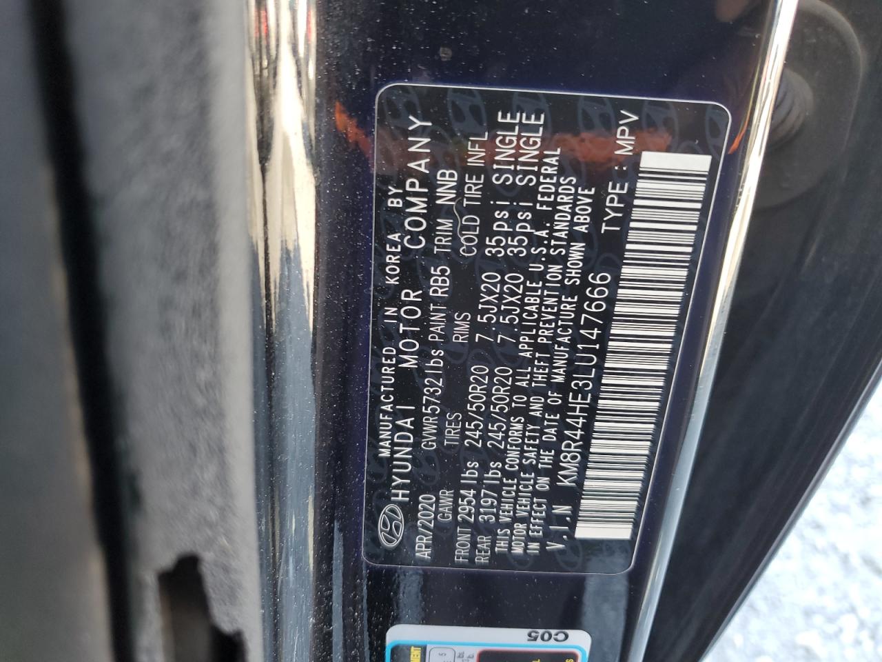 2020 Hyundai Palisade Sel VIN: KM8R44HE3LU147666 Lot: 61785415