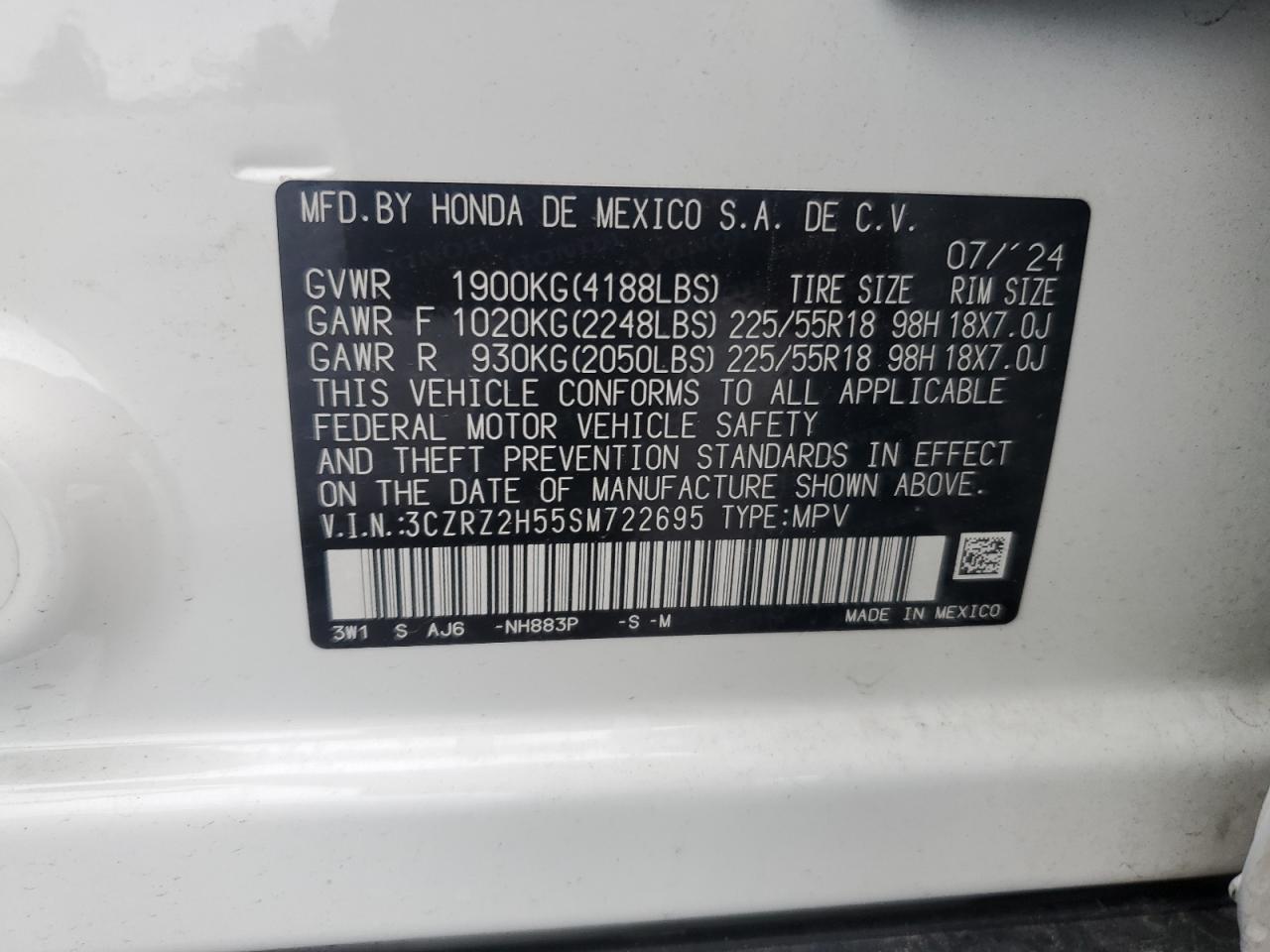 2025 Honda Hr-V Sport VIN: 3CZRZ2H55SM722695 Lot: 62898995