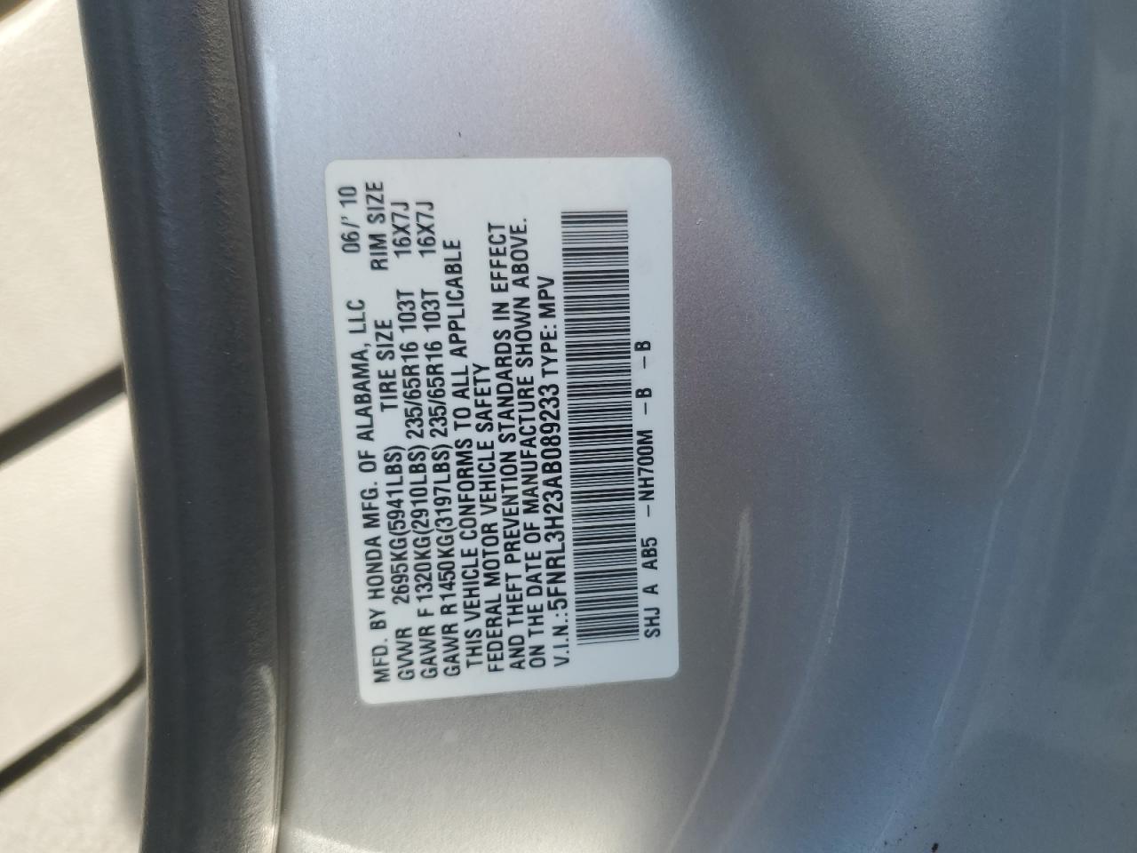 HONDA All Models 2010 VIN 5FNRL3H23AB089233 фото 12
