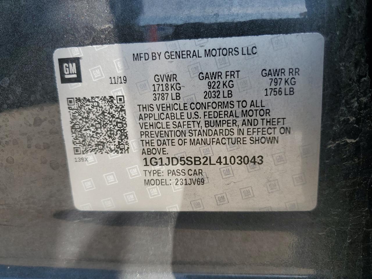 2020 Chevrolet Sonic Lt VIN: 1G1JD5SB2L4103043 Lot: 62233075