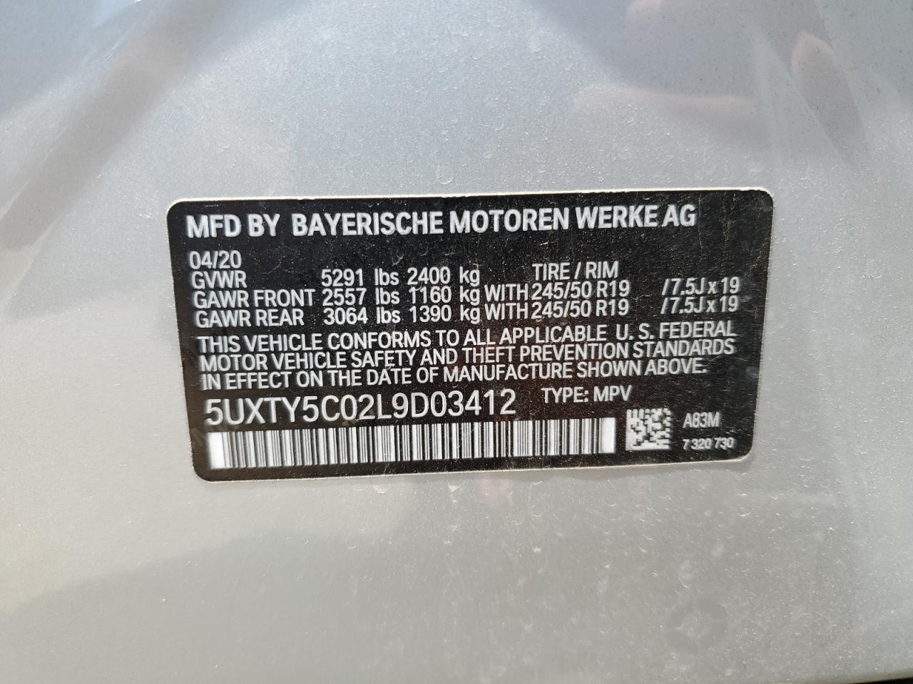 2020 BMW X3 xDrive30I VIN: 5UXTY5C02L9D03412 Lot: 61914465