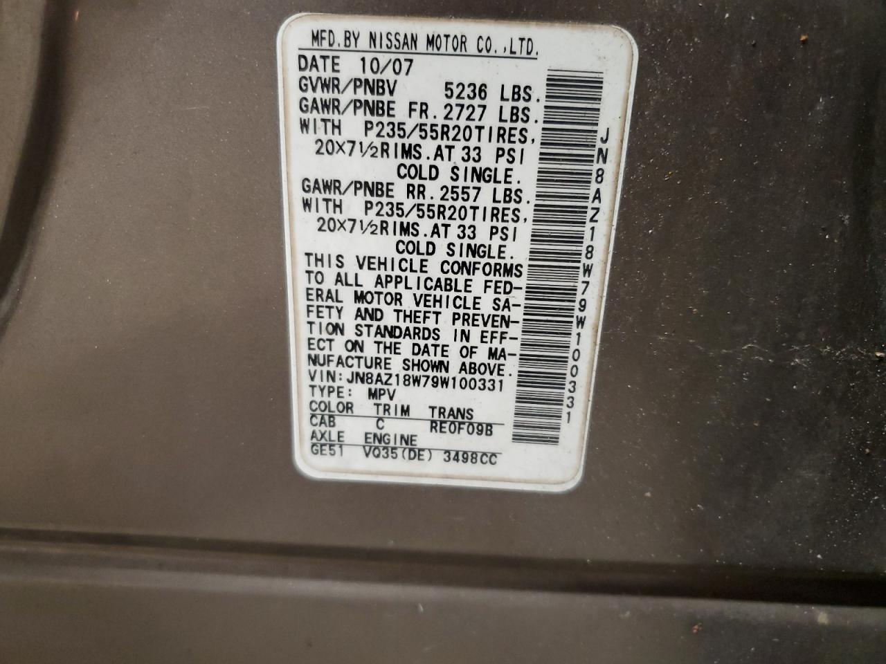 2009 Nissan Murano S VIN: JN8AZ18W79W100331 Lot: 61592935