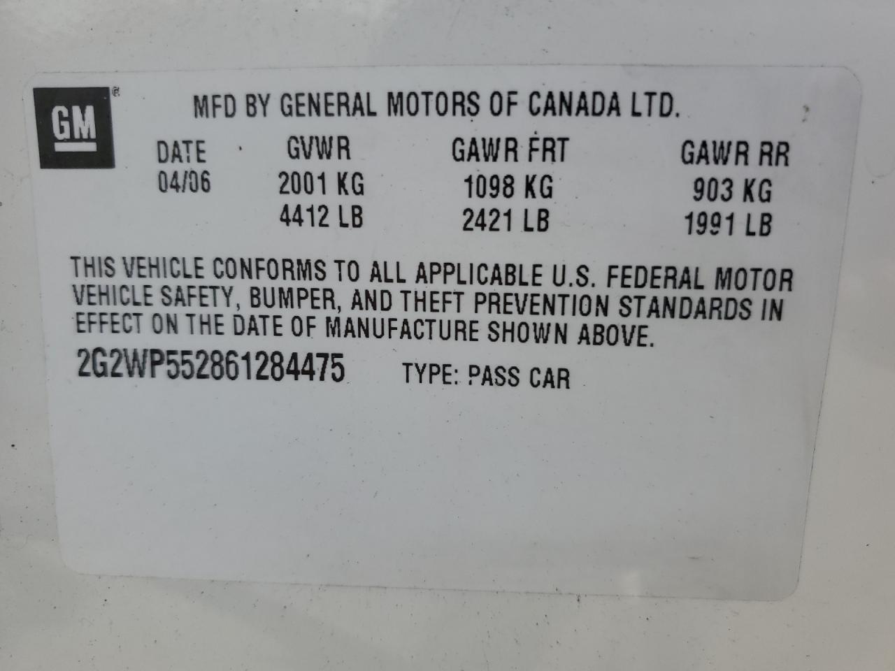 2006 Pontiac Grand Prix VIN: 2G2WP552861284475 Lot: 62540045
