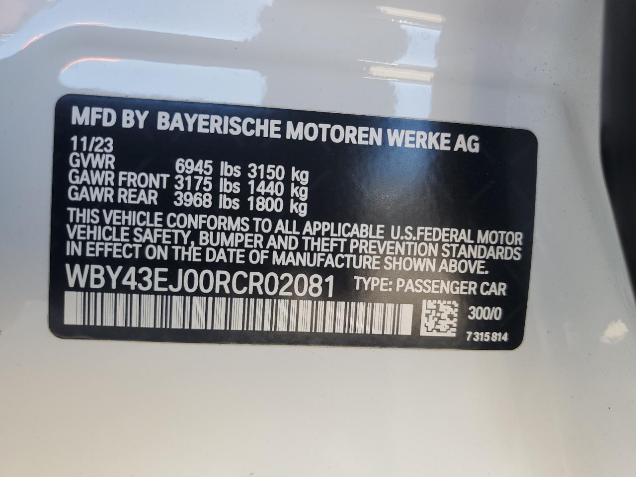 2024 BMW I7 Edrive50 VIN: WBY43EJ00RCR02081 Lot: 63038755