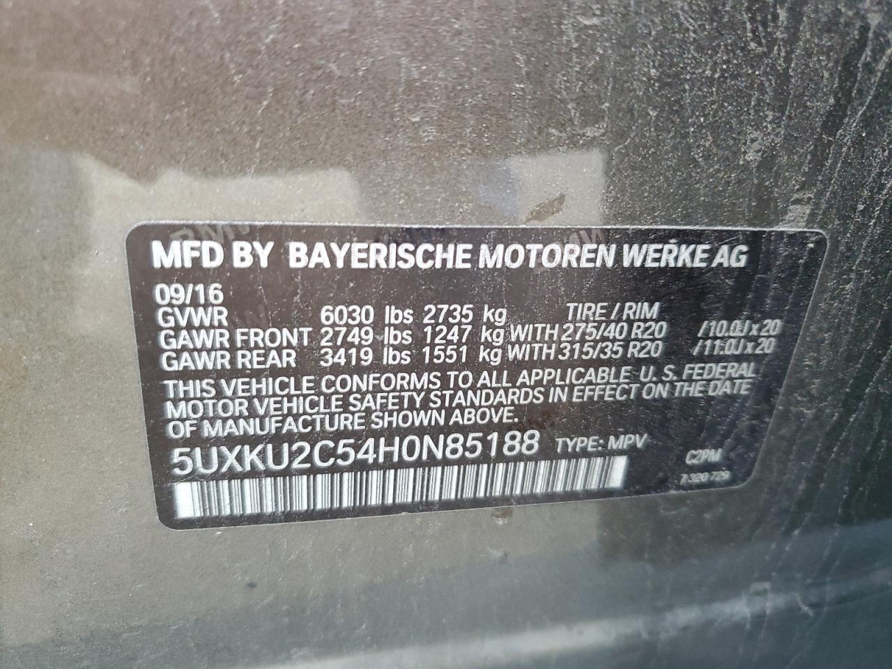 2017 BMW X6 xDrive35I VIN: 5UXKU2C54H0N85188 Lot: 61216245