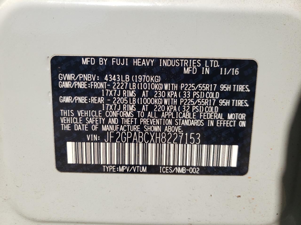 2017 Subaru Crosstrek Premium VIN: JF2GPABCXH8227153 Lot: 61204045