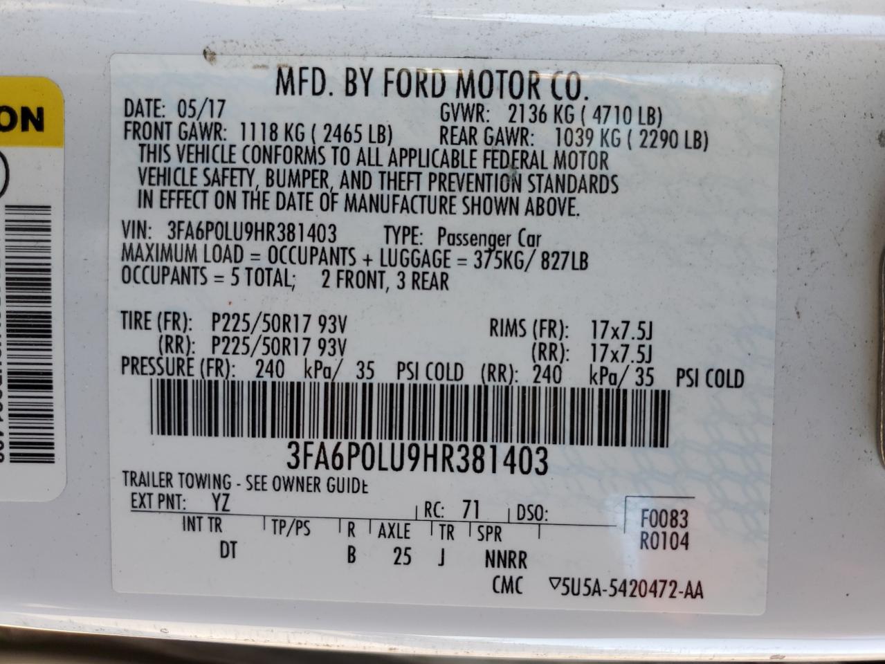 2017 Ford Fusion Se Hybrid VIN: 3FA6P0LU9HR381403 Lot: 62651445