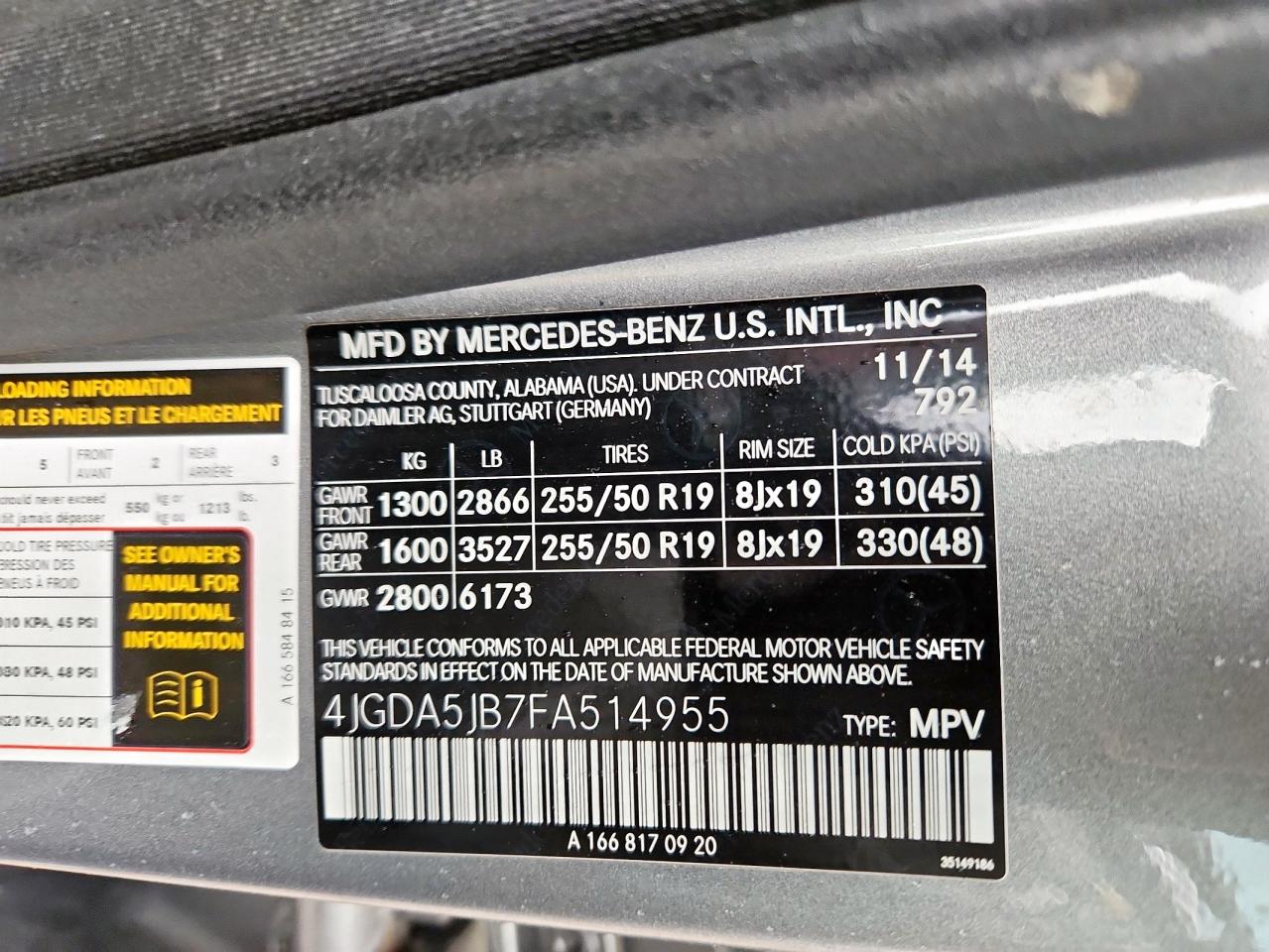 2015 Mercedes-Benz Ml 350 VIN: 4JGDA5JB7FA514955 Lot: 60511855