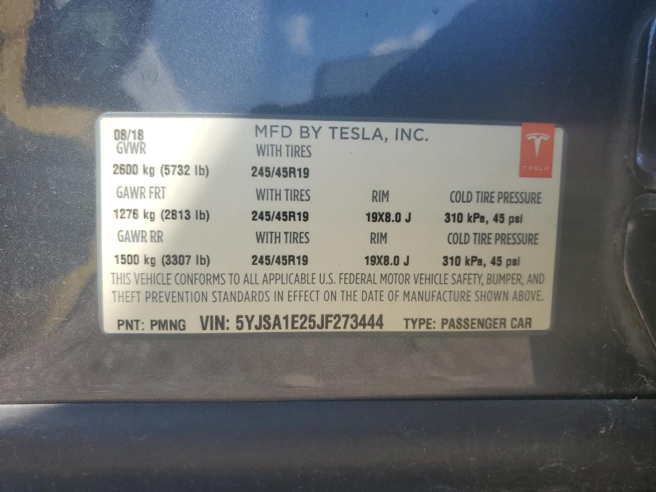 2018 Tesla Model S VIN: 5YJSA1E25JF273444 Lot: 62017745