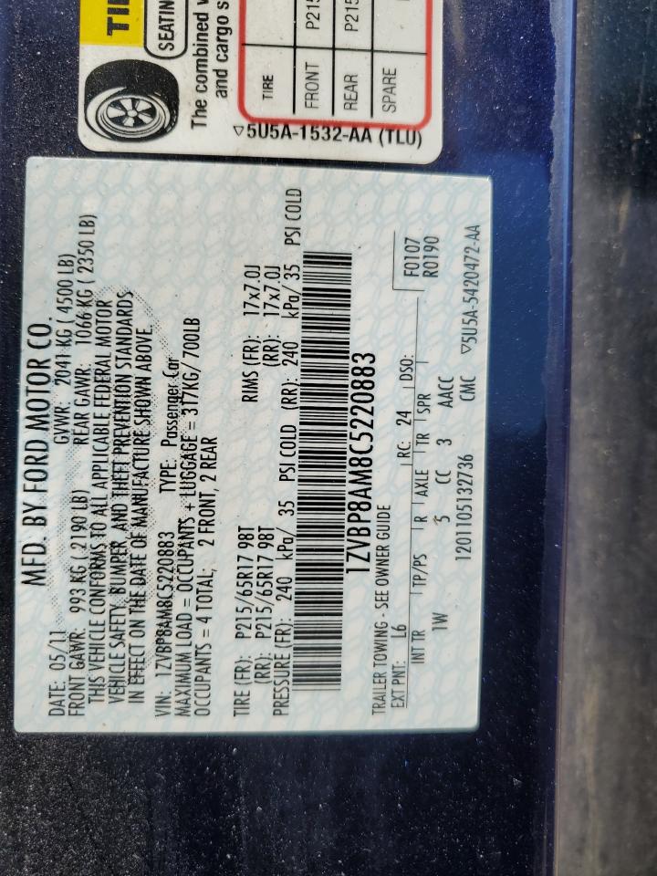2012 Ford Mustang VIN: 1ZVBP8AM8C5220883 Lot: 60831045