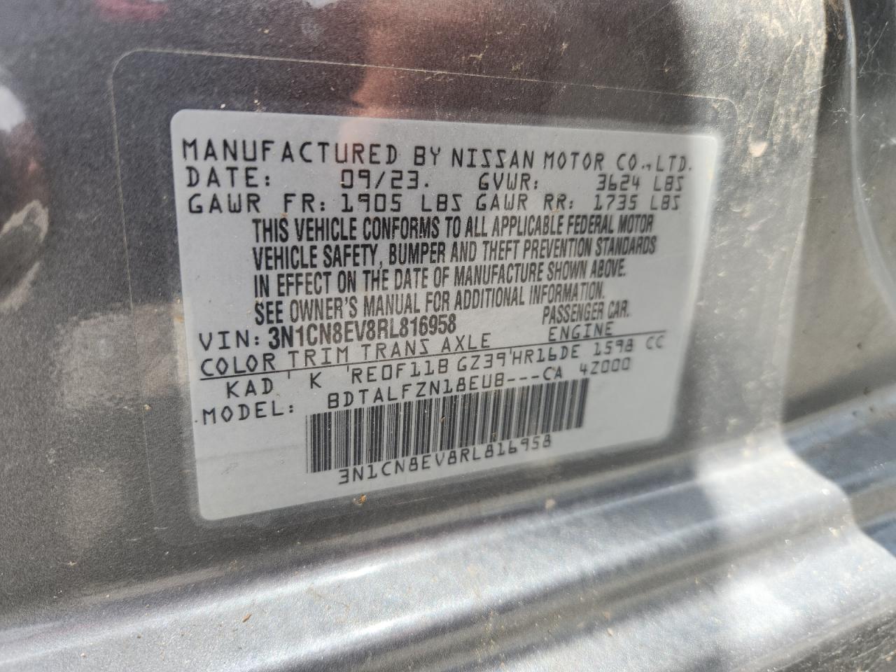 2024 Nissan Versa Sv VIN: 3N1CN8EV8RL816958 Lot: 62982355