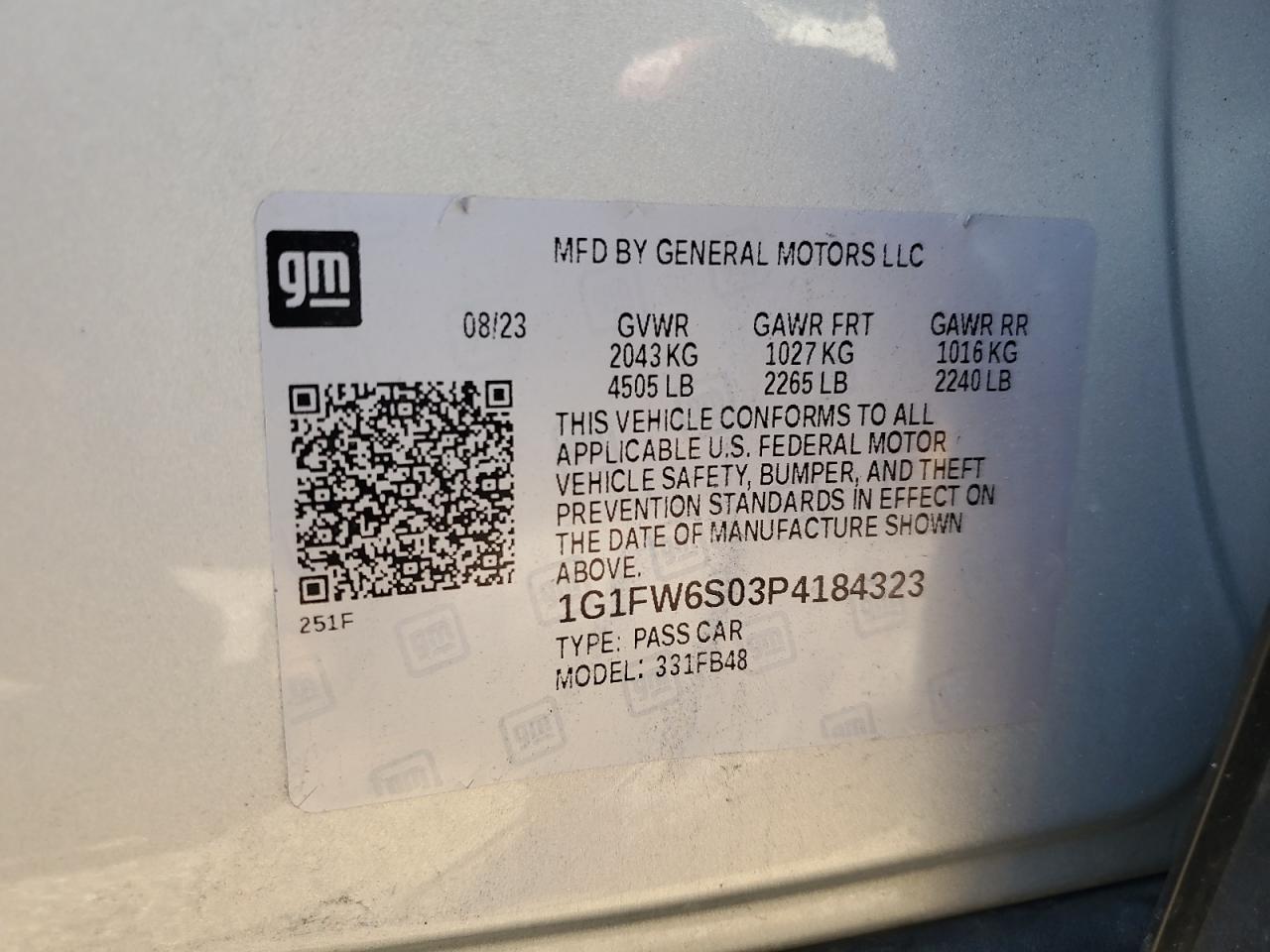 2023 Chevrolet Bolt Ev 1Lt VIN: 1G1FW6S03P4184323 Lot: 62849465
