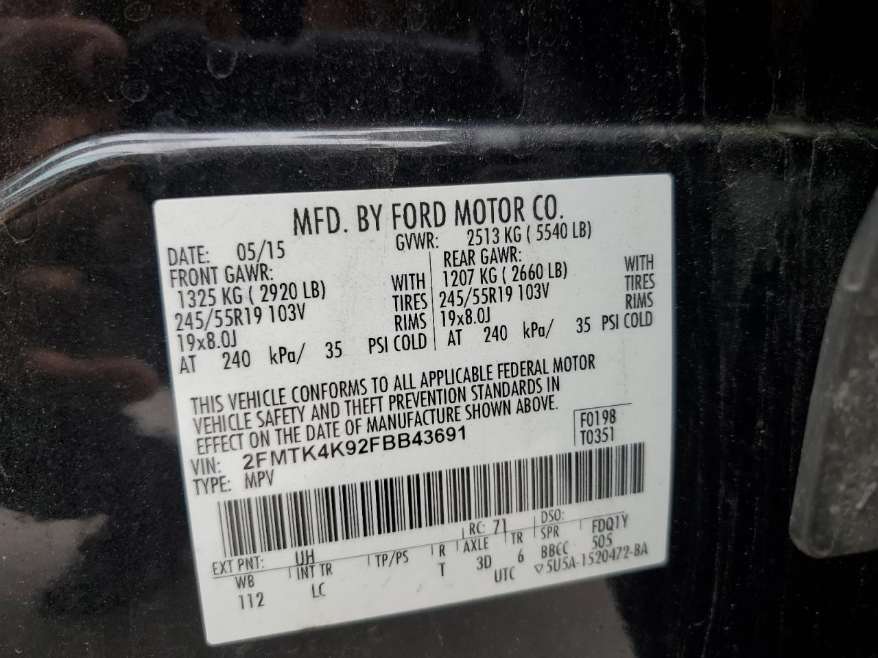 2015 Ford Edge Titanium VIN: 2FMTK4K92FBB43691 Lot: 62034455