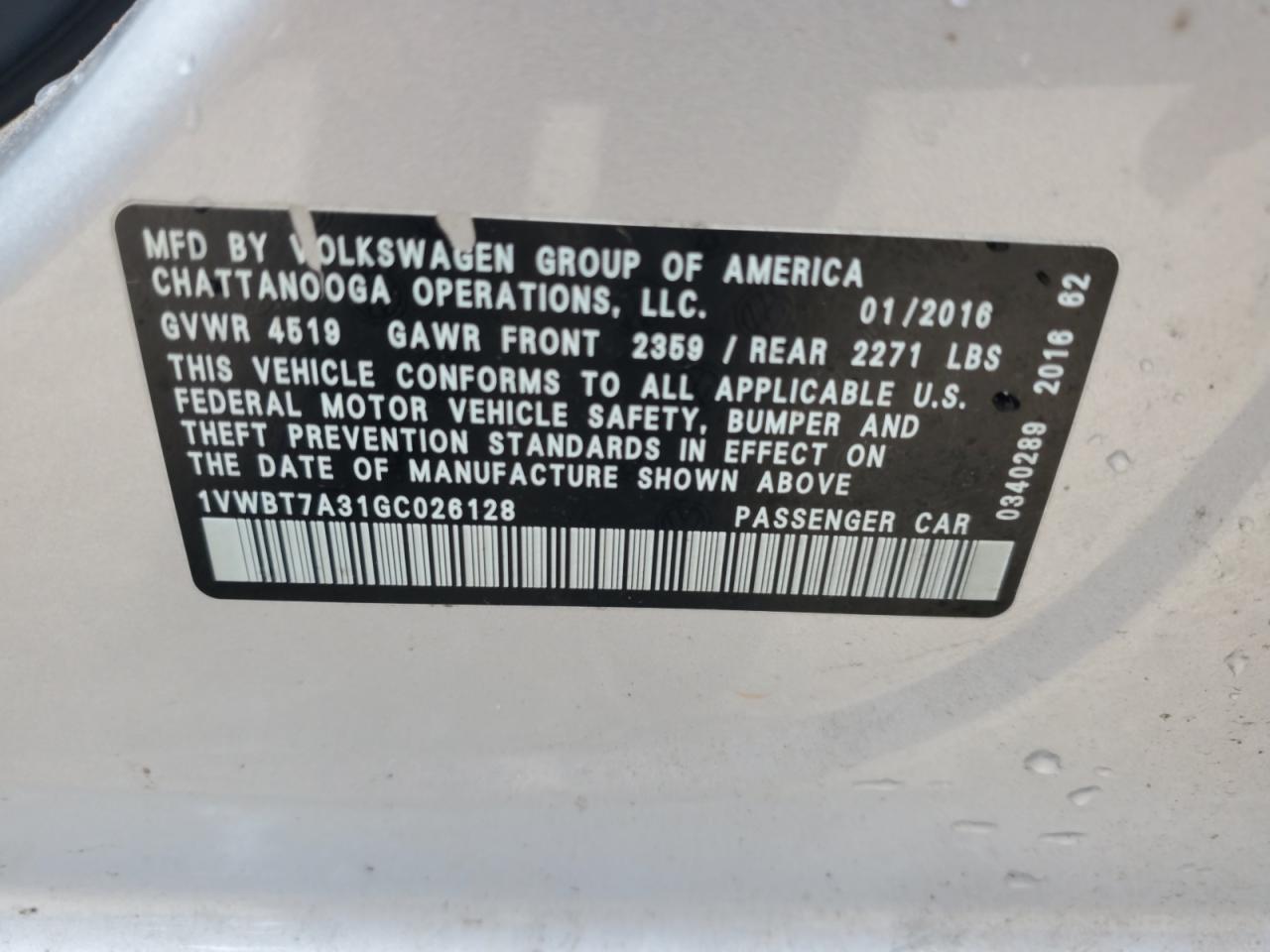 2016 Volkswagen Passat Se VIN: 1VWBT7A31GC026128 Lot: 60978165