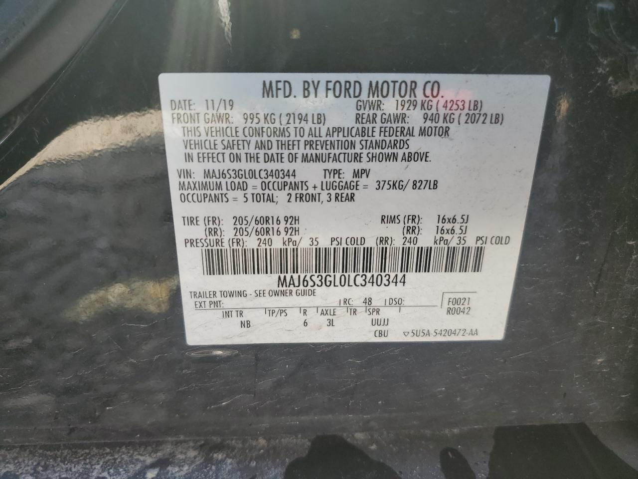 2020 Ford Ecosport Se VIN: MAJ6S3GL0LC340344 Lot: 60892805