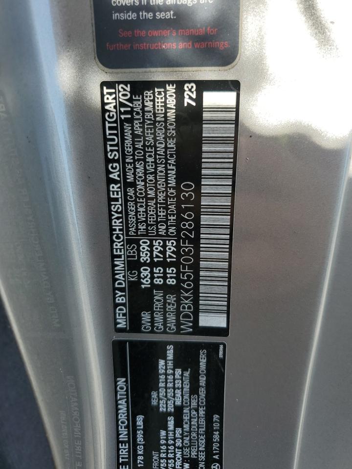 2003 Mercedes-Benz Slk 320 VIN: WDBKK65F03F286130 Lot: 61544385