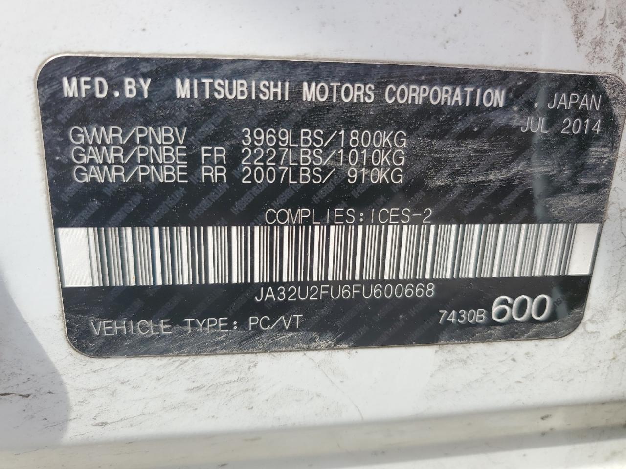 2015 Mitsubishi Lancer Es VIN: JA32U2FU6FU600668 Lot: 60517195