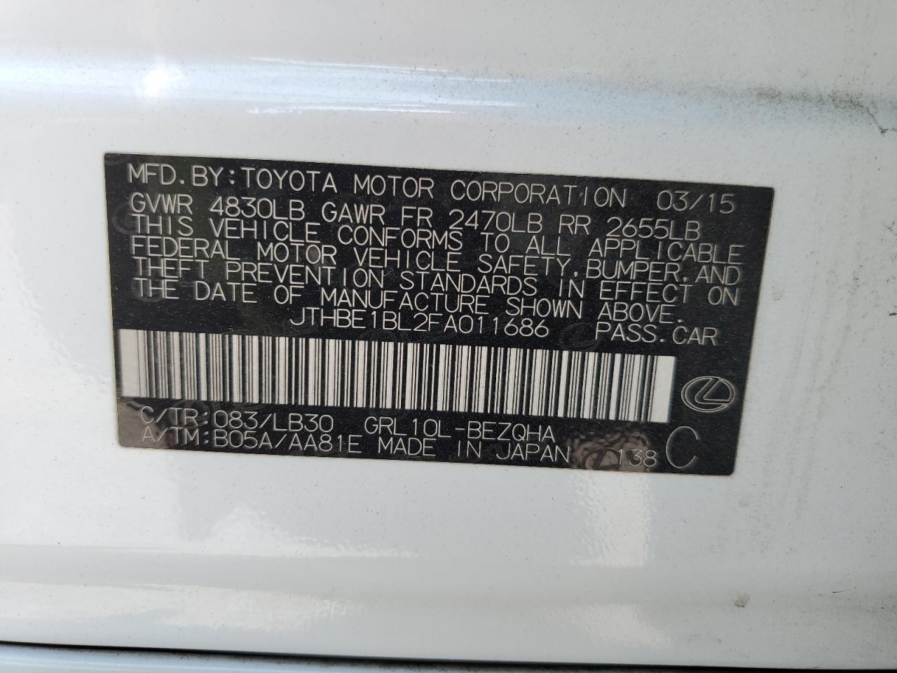 2015 Lexus Gs 350 VIN: JTHBE1BL2FA011686 Lot: 62676685