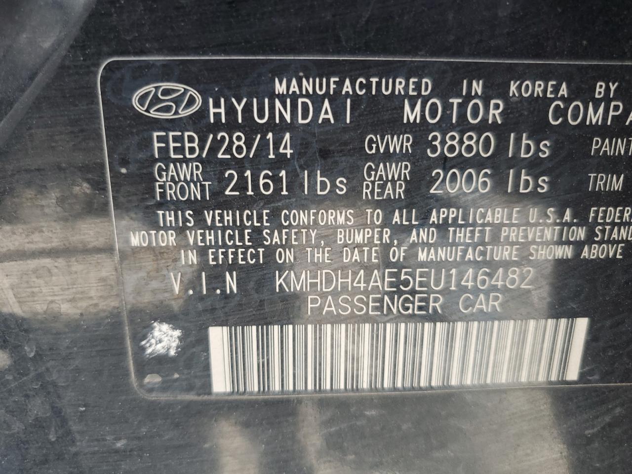 2014 Hyundai Elantra Se VIN: KMHDH4AE5EU146482 Lot: 61276255