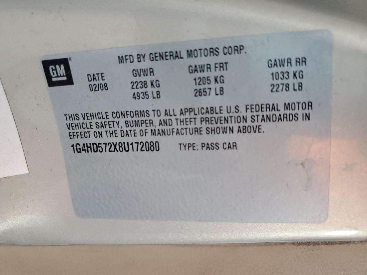 2008 Buick Lucerne Cxl VIN: 1G4HD572X8U172080 Lot: 61794755