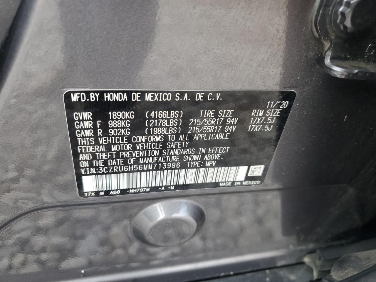 2021 Honda Hr-V Ex VIN: 3CZRU6H56MM713996 Lot: 62589455