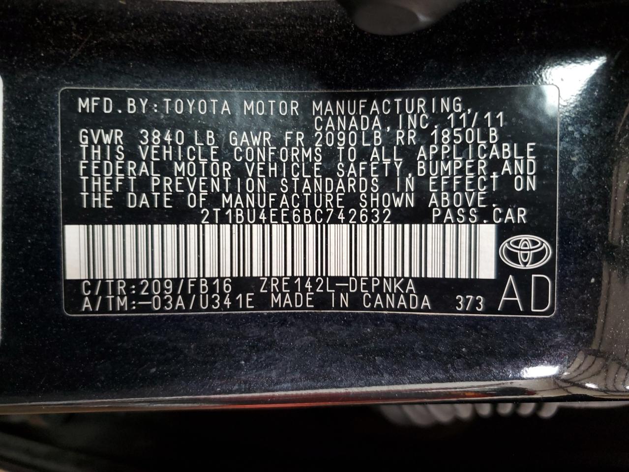 2011 Toyota Corolla Base VIN: 2T1BU4EE6BC742632 Lot: 63108755