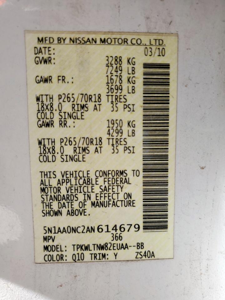 2010 Nissan Armada Se VIN: 5N1AA0NC2AN614679 Lot: 61676425