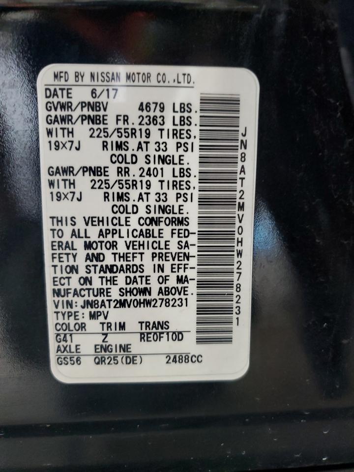 2017 Nissan Rogue S VIN: JN8AT2MV0HW278231 Lot: 60307515