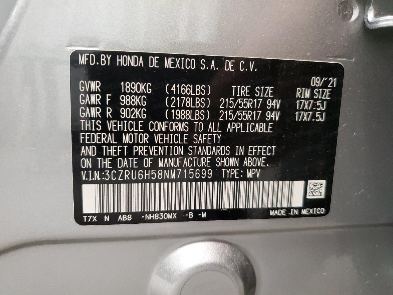 2022 Honda Hr-V Ex VIN: 3CZRU6H58NM715699 Lot: 60735735