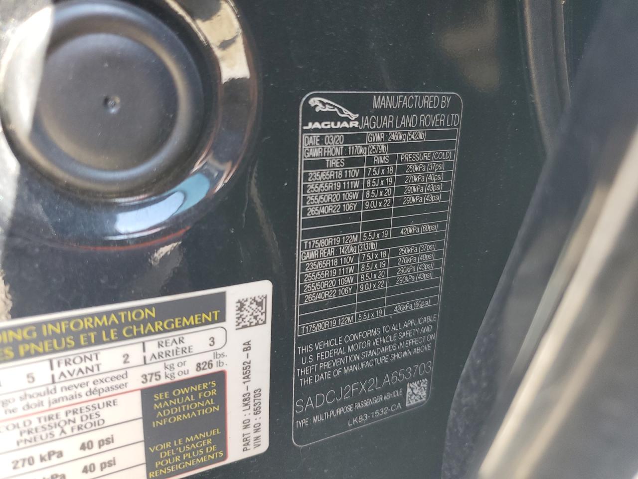 2020 Jaguar F-Pace Premium VIN: SADCJ2FX2LA653703 Lot: 61642665