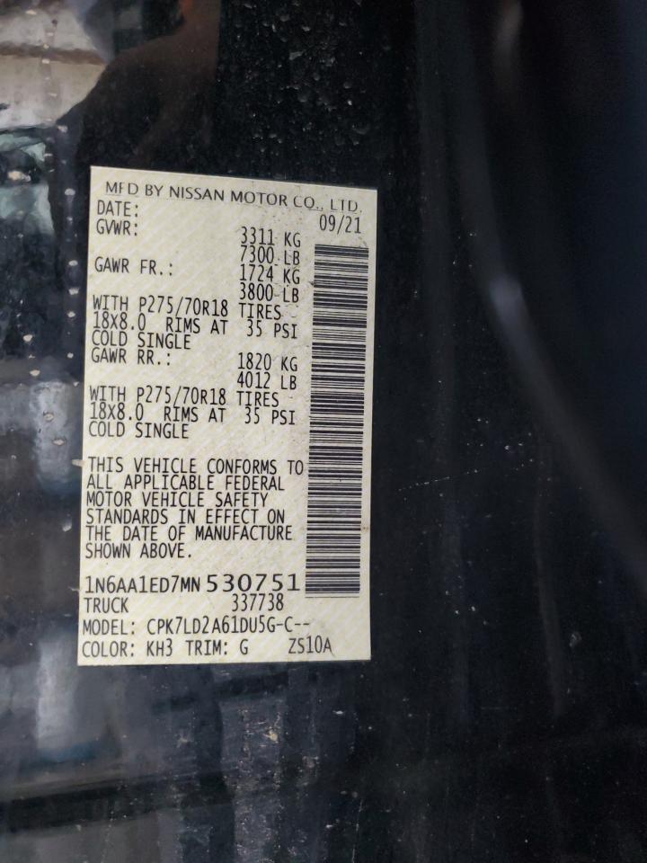 2021 Nissan Titan Sv VIN: 1N6AA1ED7MN530751 Lot: 62183225