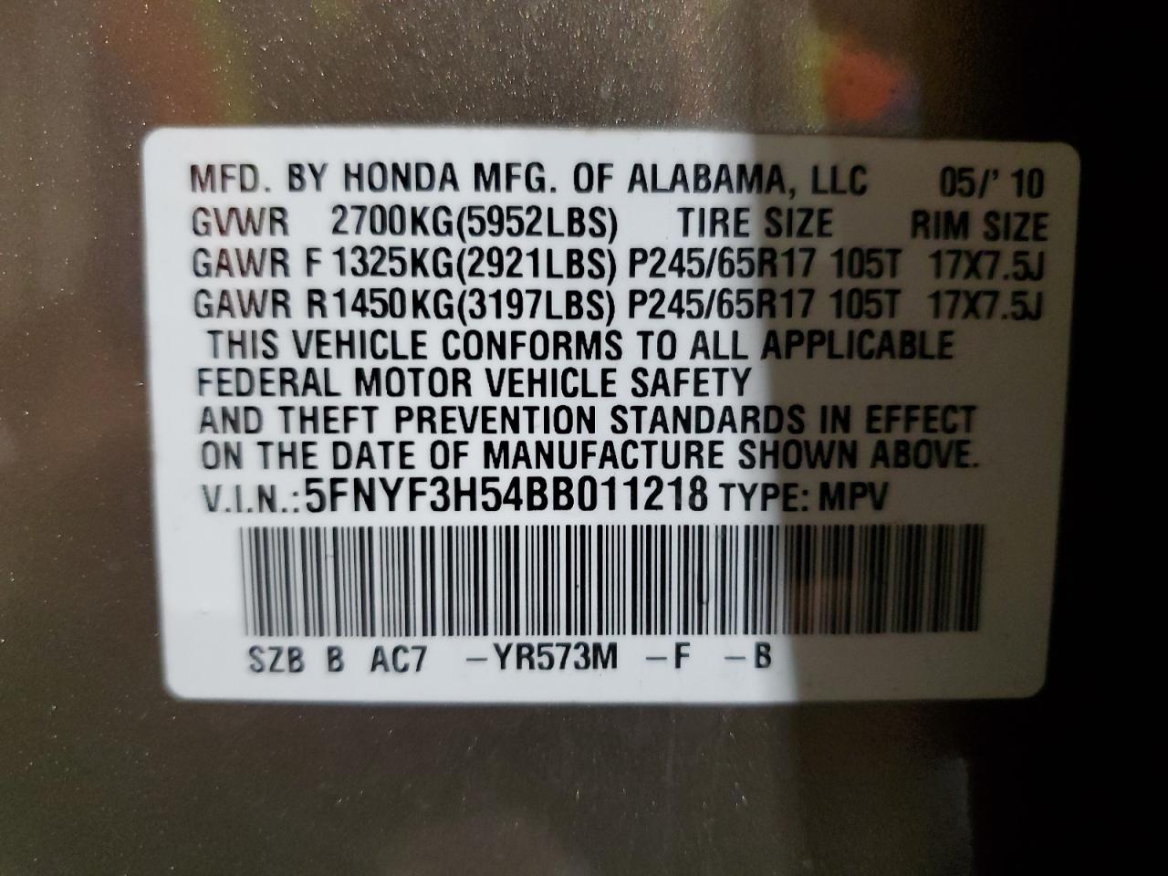 2011 Honda Pilot Exl VIN: 5FNYF3H54BB011218 Lot: 63012605