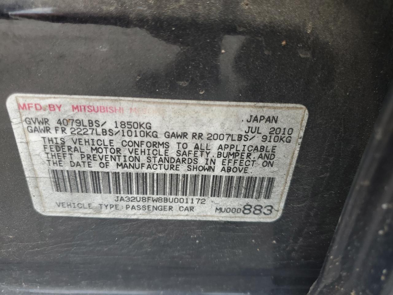 2011 Mitsubishi Lancer Gts VIN: JA32U8FW8BU001172 Lot: 62190535