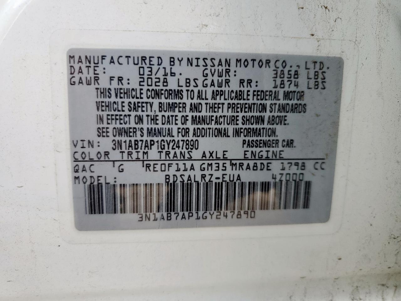 2016 Nissan Sentra S VIN: 3N1AB7AP1GY247890 Lot: 61134425