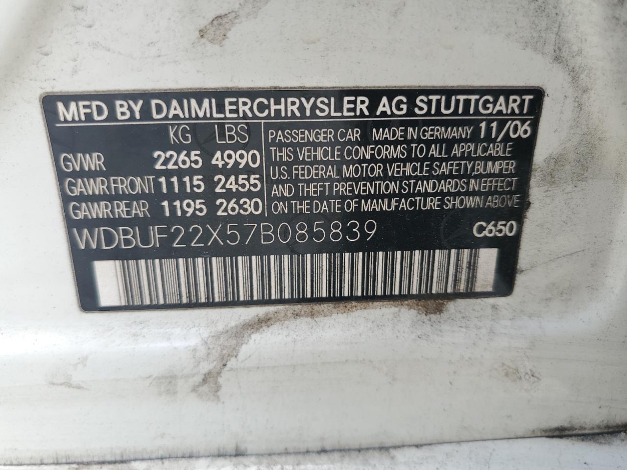 2007 Mercedes-Benz E 320 Cdi VIN: WDBUF22X57B085839 Lot: 62022455