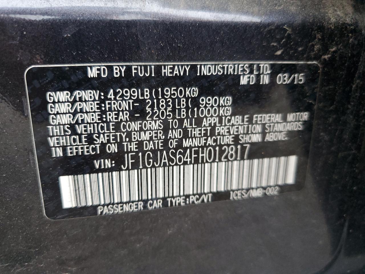2015 Subaru Impreza Sport Limited VIN: JF1GJAS64FH012817 Lot: 62729545