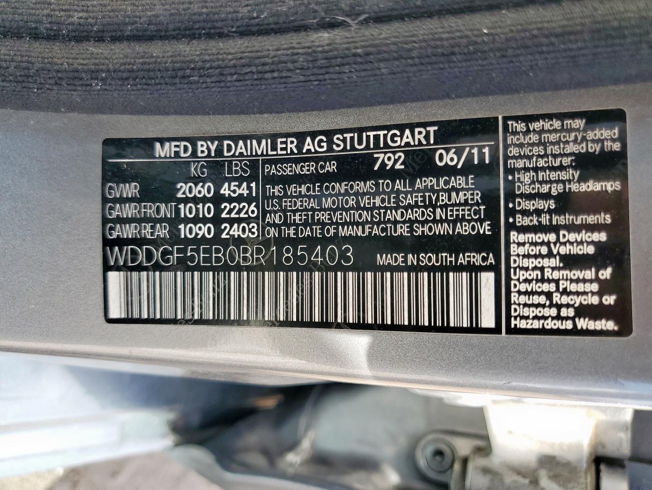 2011 Mercedes-Benz C 300 VIN: WDDGF5EB0BR185403 Lot: 62820585