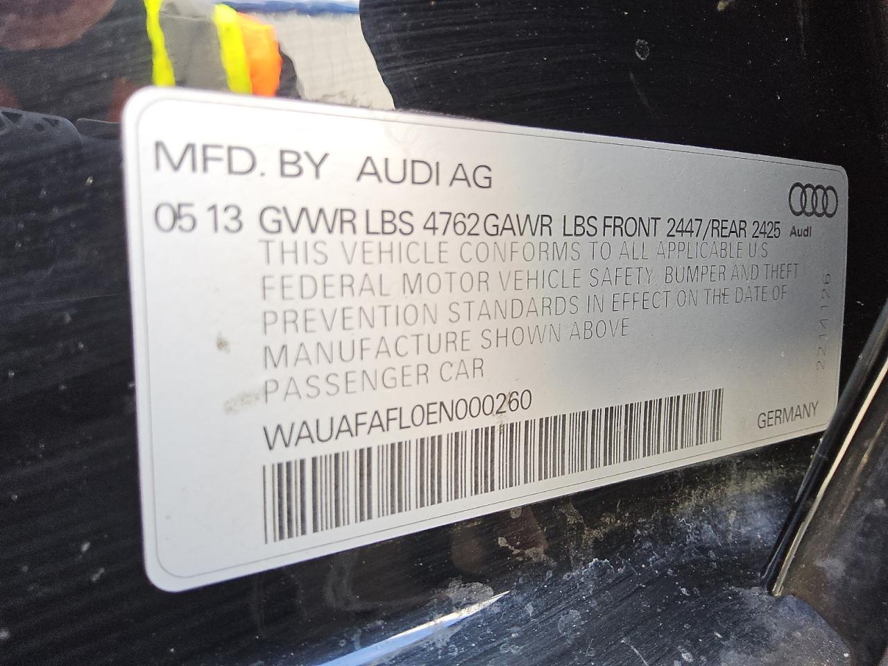 2014 Audi A4 Premium VIN: WAUAFAFL0EN000260 Lot: 62587245